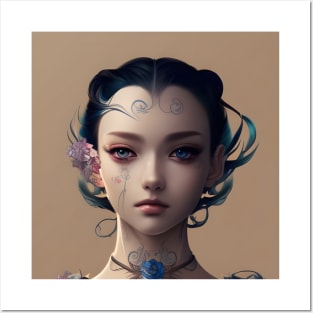 Beaux Animes Art, Beautiful Anime tattoo Girl with blue eyes Illustration Design Posters and Art